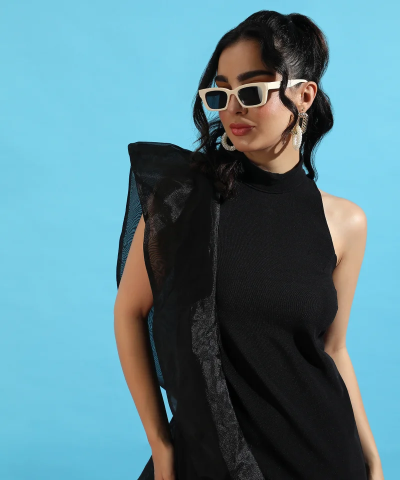 بينيا كولادا Women's Obsidian Black Asymetrical Dress With Organza Detail For Casual Wear | Mock Neck | No Sleeves | Zipper Closure | Dress Designed With Comfortable Fit For Woman & Girls